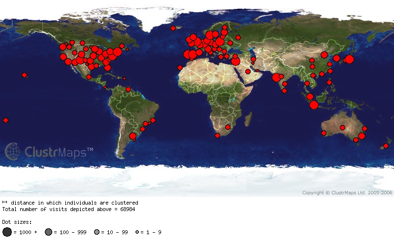 World map of snowflakes created by Pfeiffer up to 9 May 2006 (excluding author)