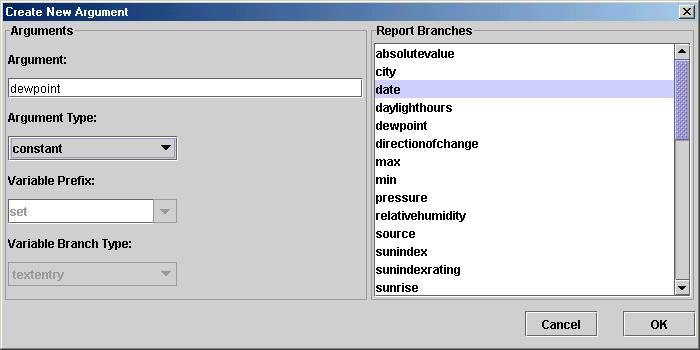 Screen shot of the rule tool editing a the arguments of a rule.