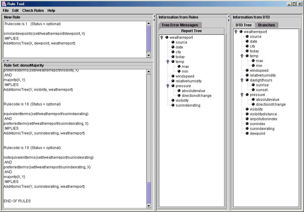 Screen shot of the rule engineering toolkit checking the structure of an output merged report.