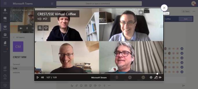 Crest MM virtual coffee meeting,
David Clark,
Jens Krinke,
Nick Gold,
Emmanuel Letier,
Earl Barr,
missing Federica
