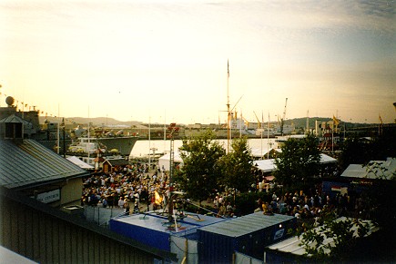 Göteborg harbour behind the opera house. 
The naval ship on the left is part of the maritime museum